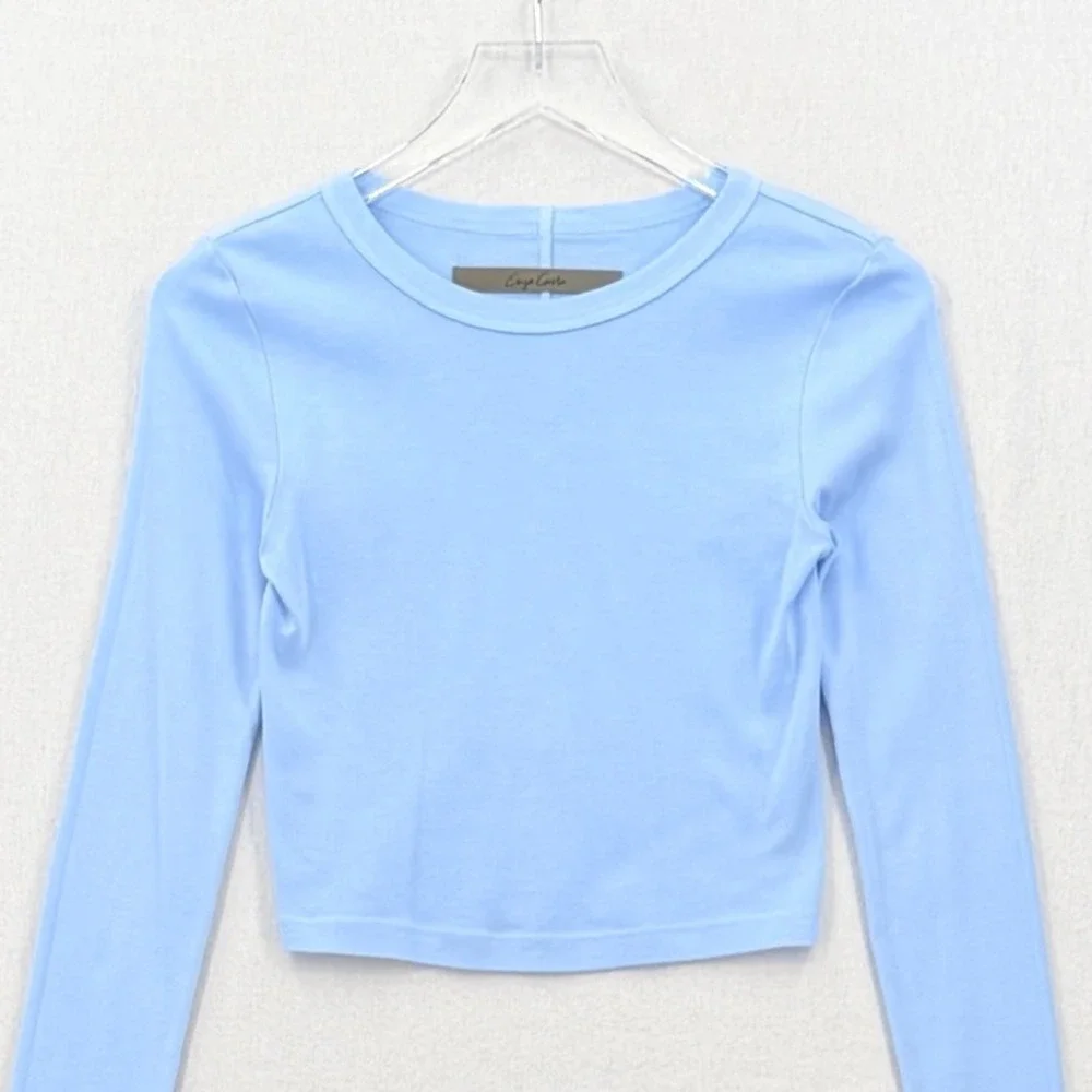 ENZA COSTA Supima Baby Rib Long Sleeve Cropped Top Womens Small Blue Crew Tee - Picture 5 of 12